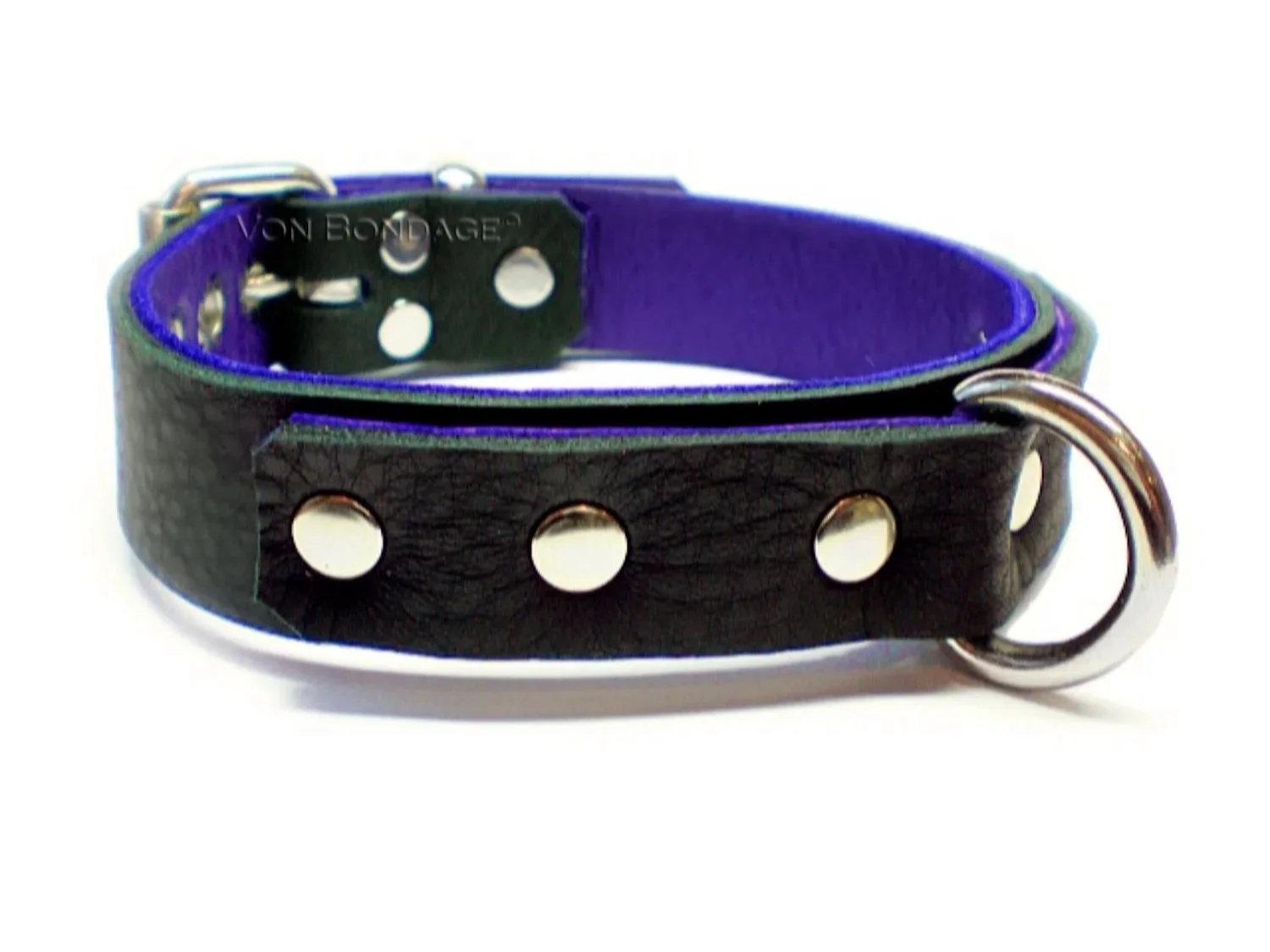 Black & Purple Leather Bondage Collar with a D-ring in front
