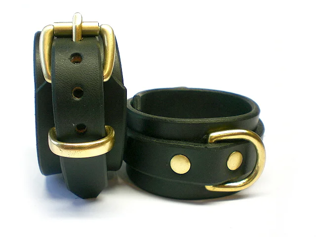 leather bondage restraints with brass dee rings