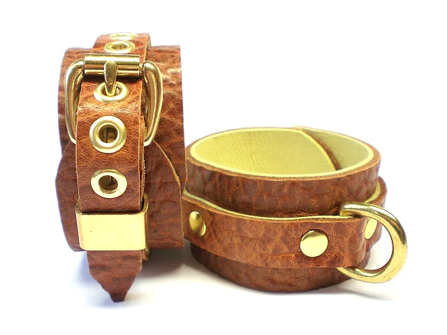 cognac brown leather bdsm restraints small brass dee rings