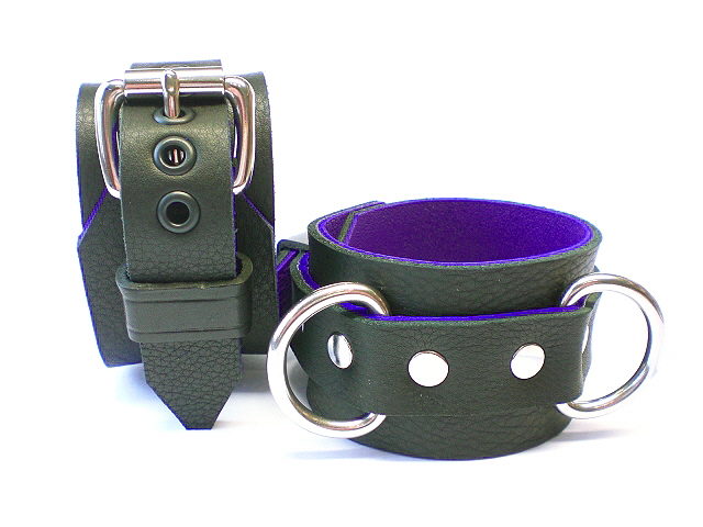 2" black and purple leather bondage restraints with double dee rings