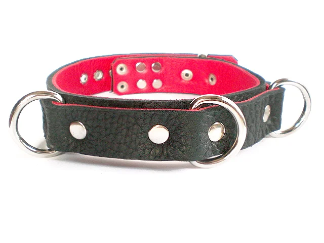 Black Bison w/Red Leather Interior Bondage Collar, Triple 1" Dee Rings