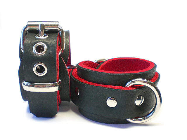 Bison Leather BDSM Restraints w/Red Bullhide - 1" Dee Rings