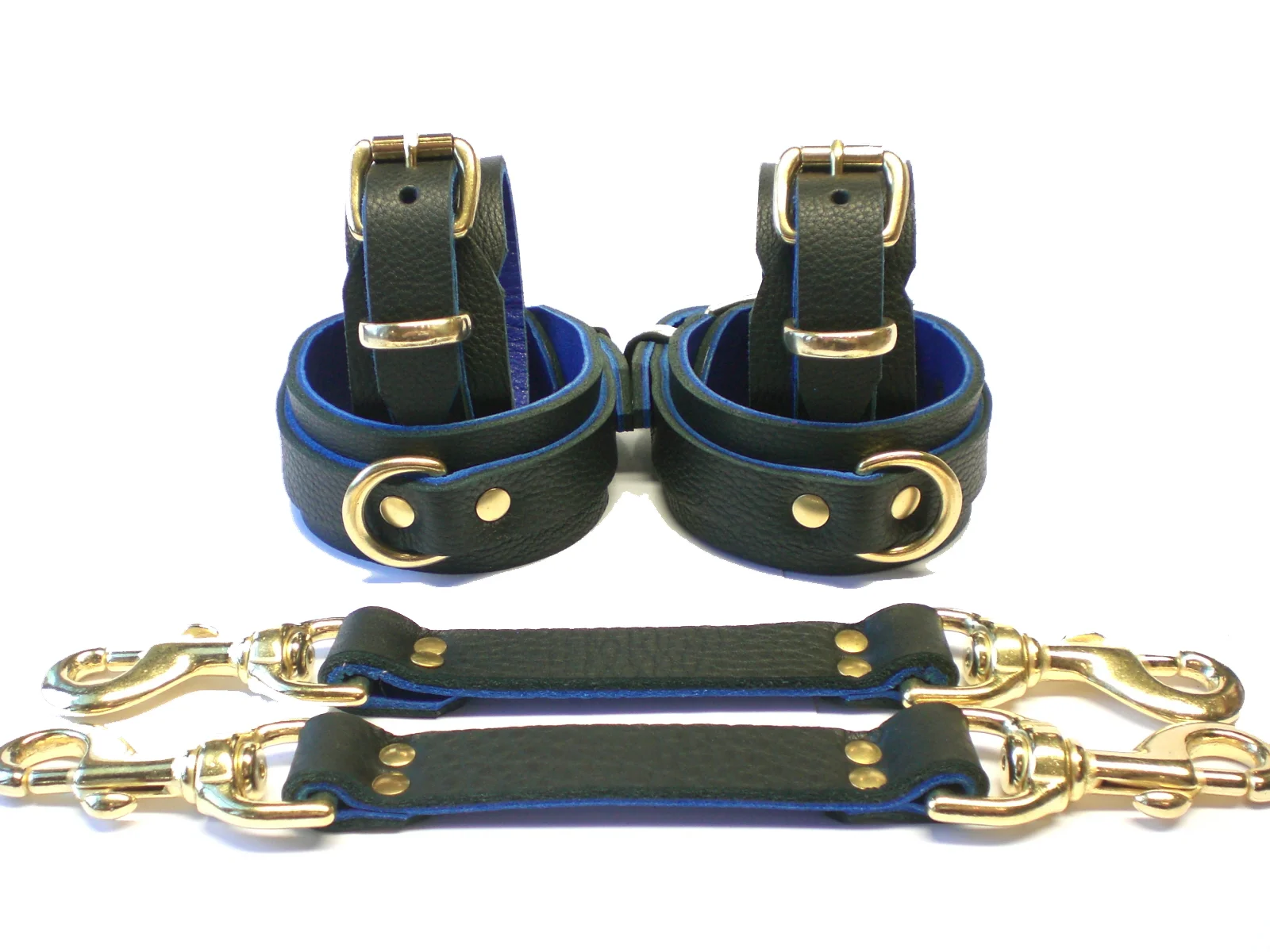 black and blue leather bdsm restraints brass dee rings