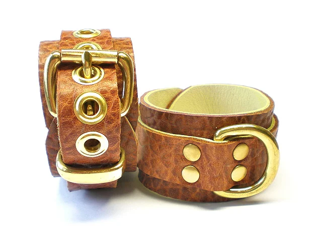 cognac brown leather bdsm restraints solid brass 1" dee rings