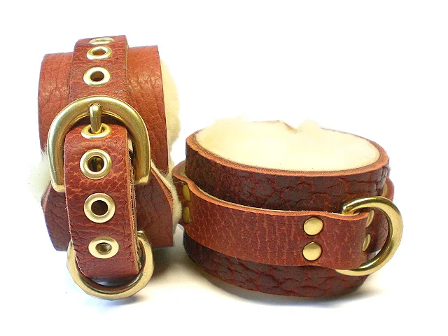 brown leather fleece lined bdsm restraints brass dee rings