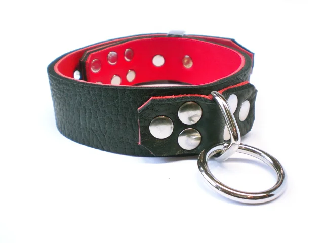soft bison leather bdsm collar with large bondage ring
