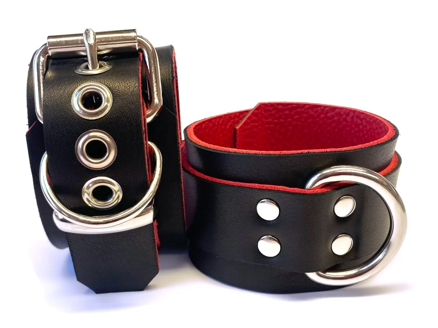 Black & Red Leather Restraints with Large D-rings