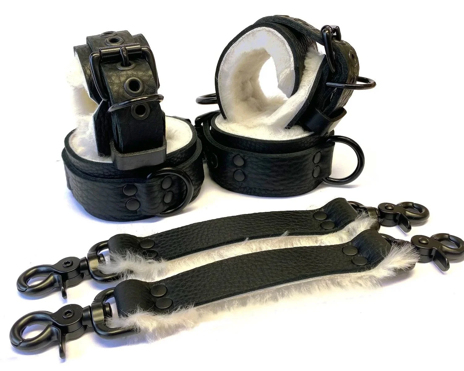 Black Leather & White Fleece BDSM Restraints Set with Black Metal D-Rings and Bondage Straps