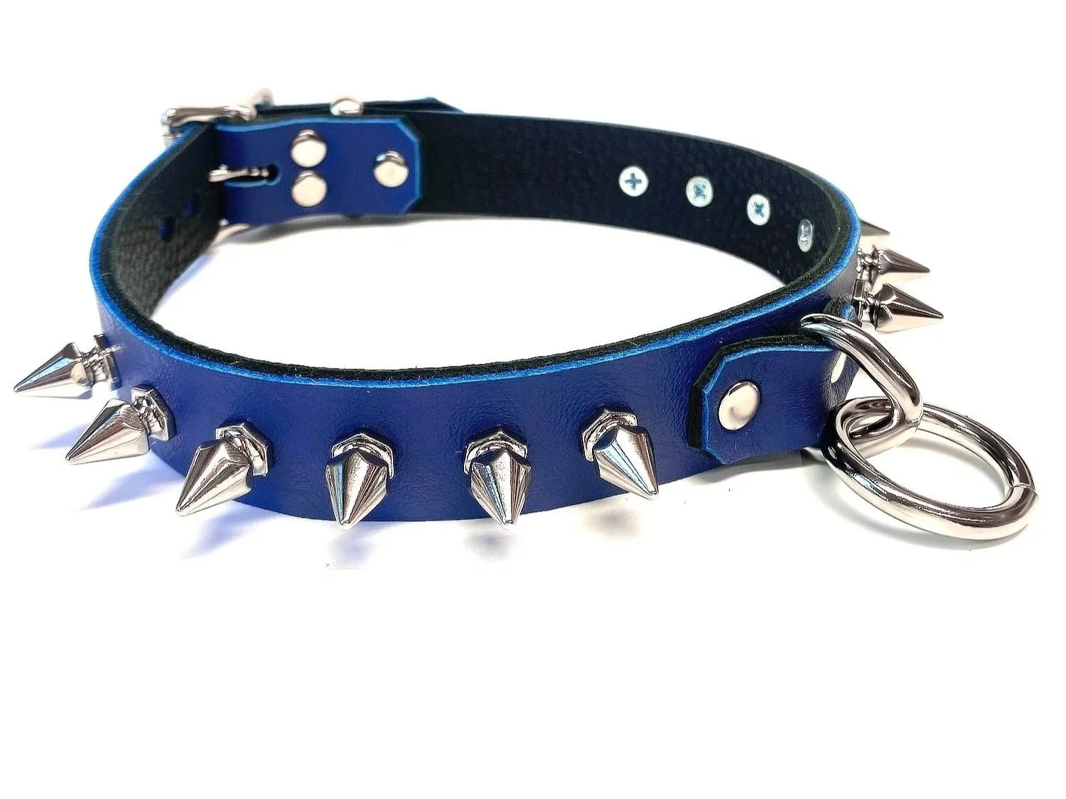 blue leather spiked collar with bondage ring
