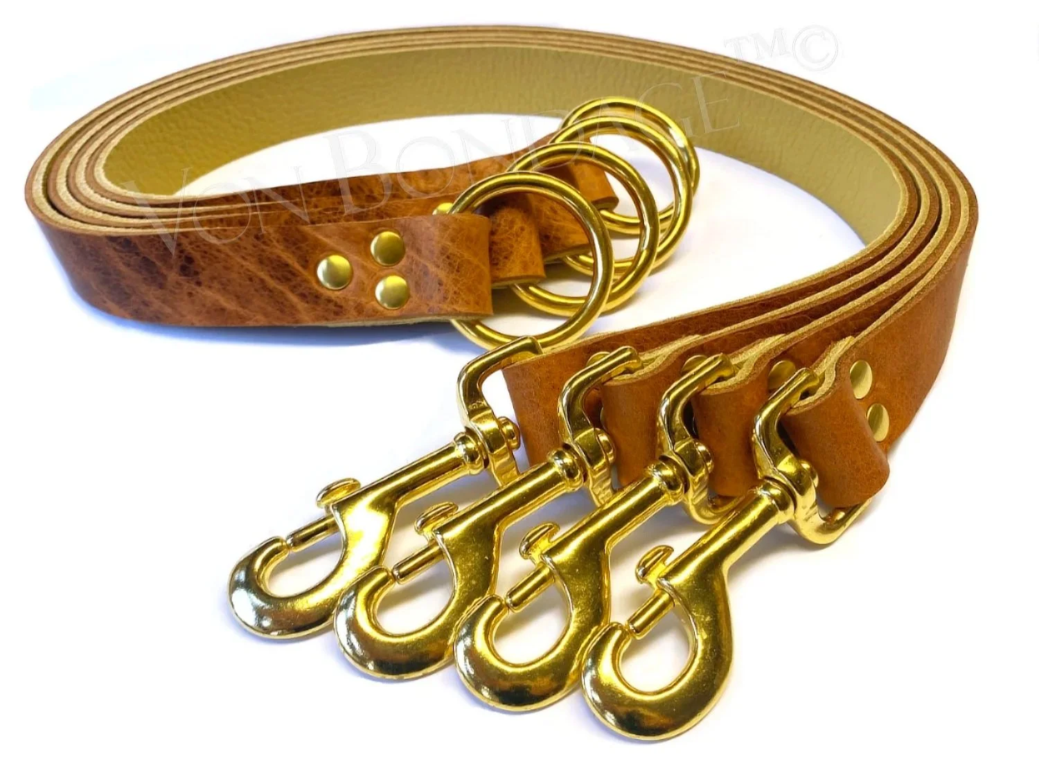 Set of 4 Bedpost Bed Restraint Straps Whiskey Buttercream brass bolt snaps