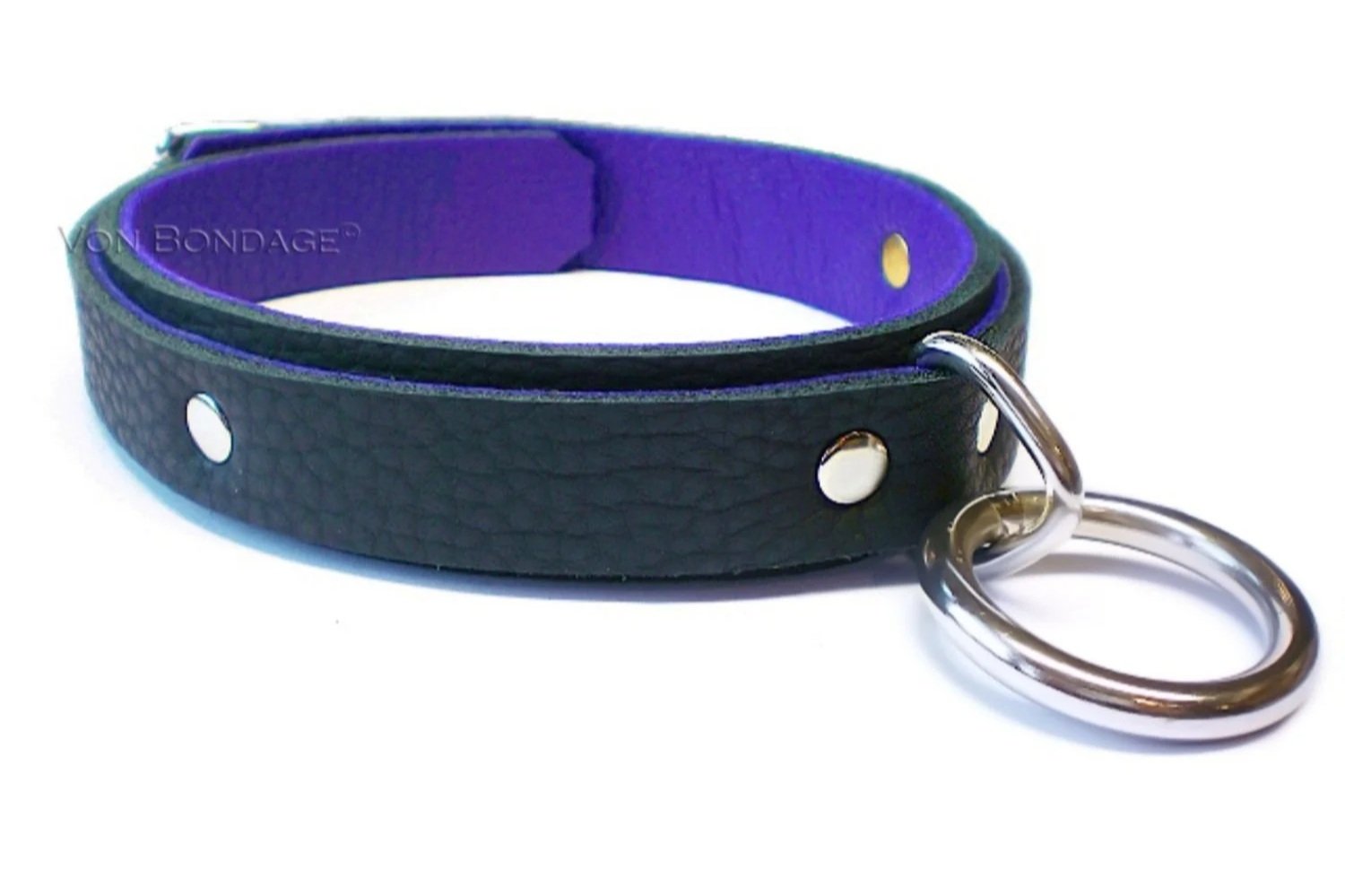 Black & Purple leather collar with stainless steel bondage ring