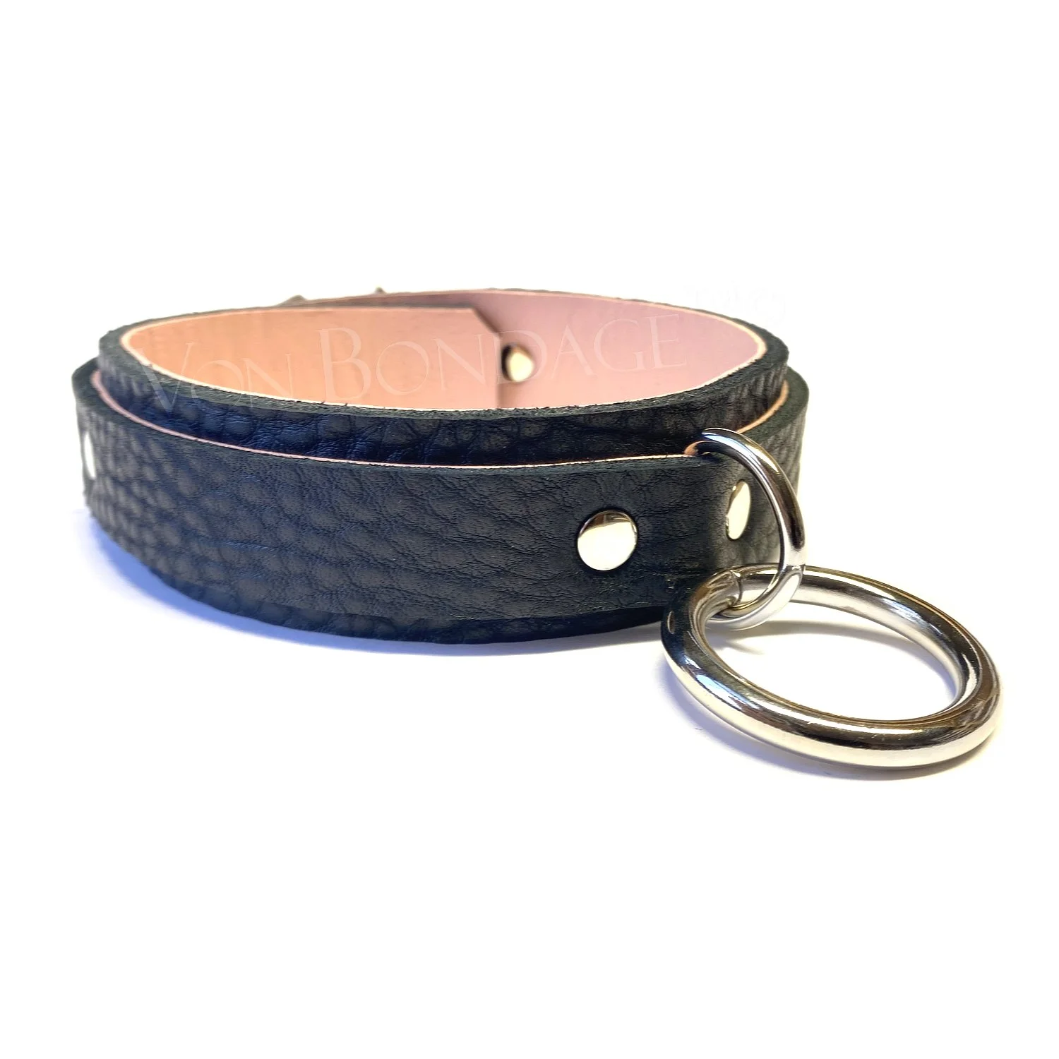 Narrow Leather slave Collar with Ring lined in pink lambskin