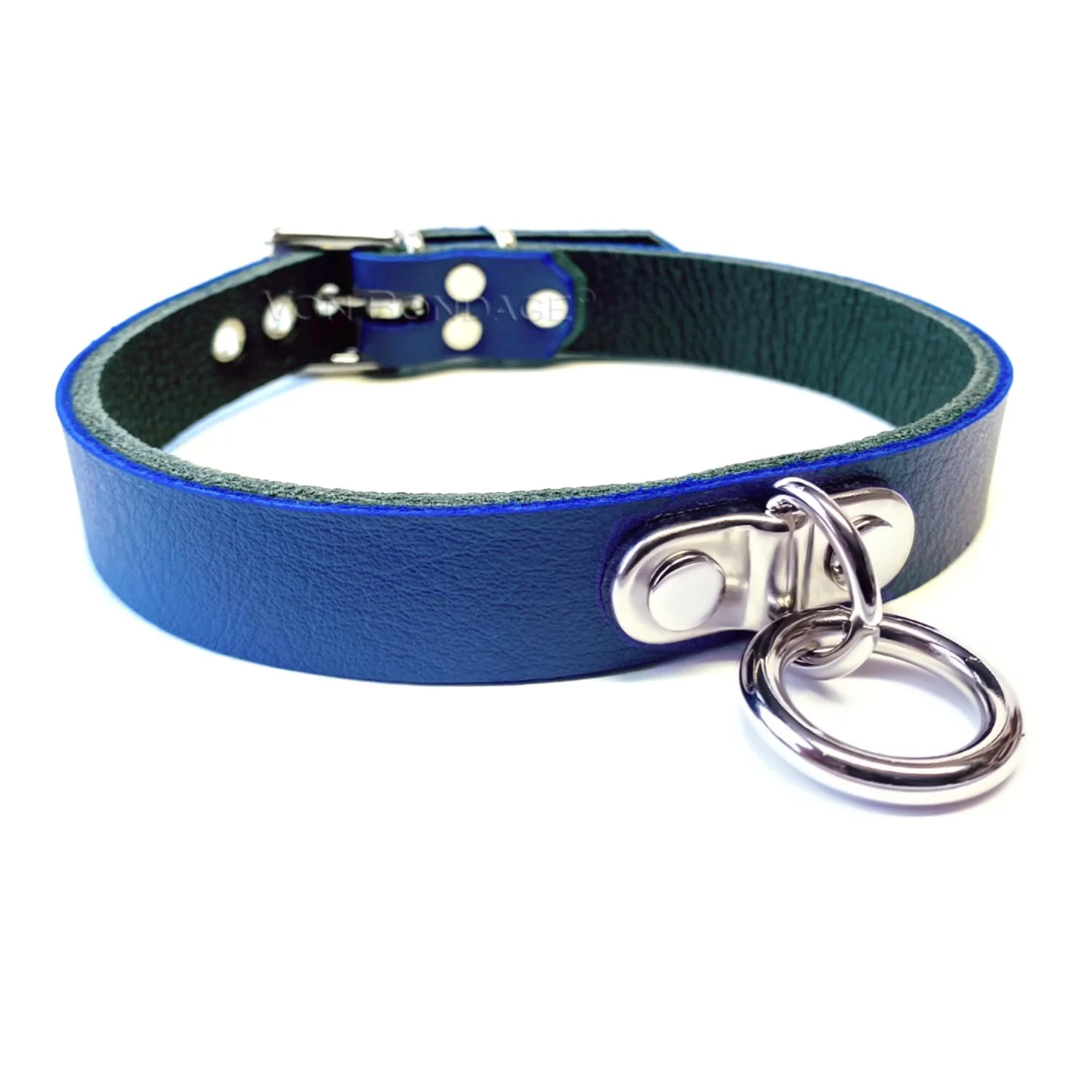 Blue Lockable Leather Collar with Small Plated D&amp;O Ring