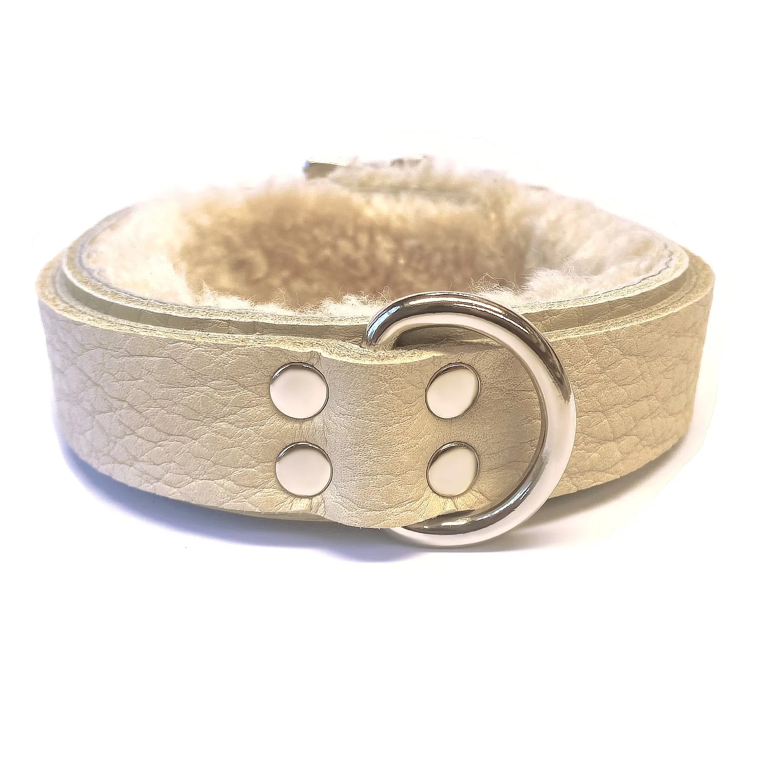 Cream Bullhide Cream Sheepskin Fur Bondage Collar with D-ring