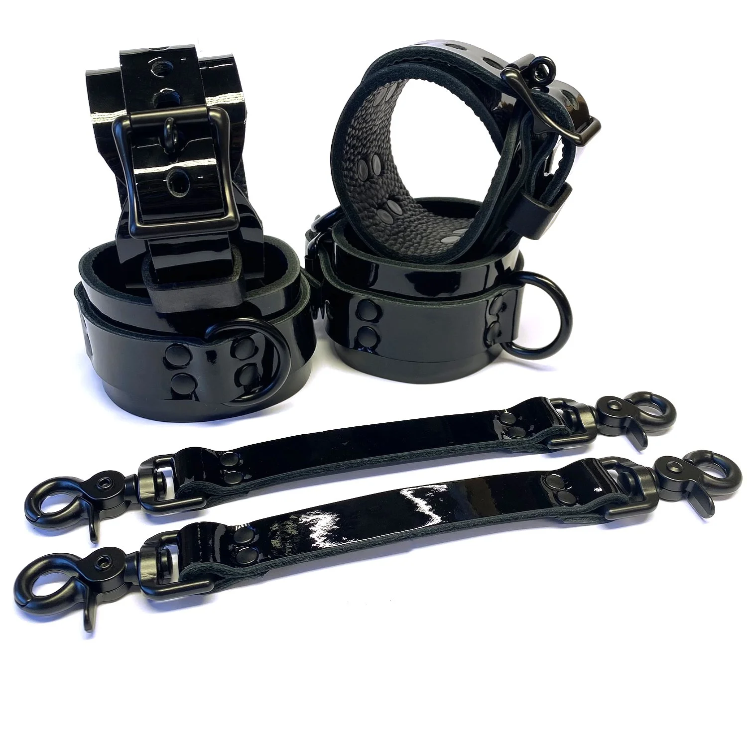 2 Black Patent Leather BDSM Restraints Set with Black D-rings and pair of Straps