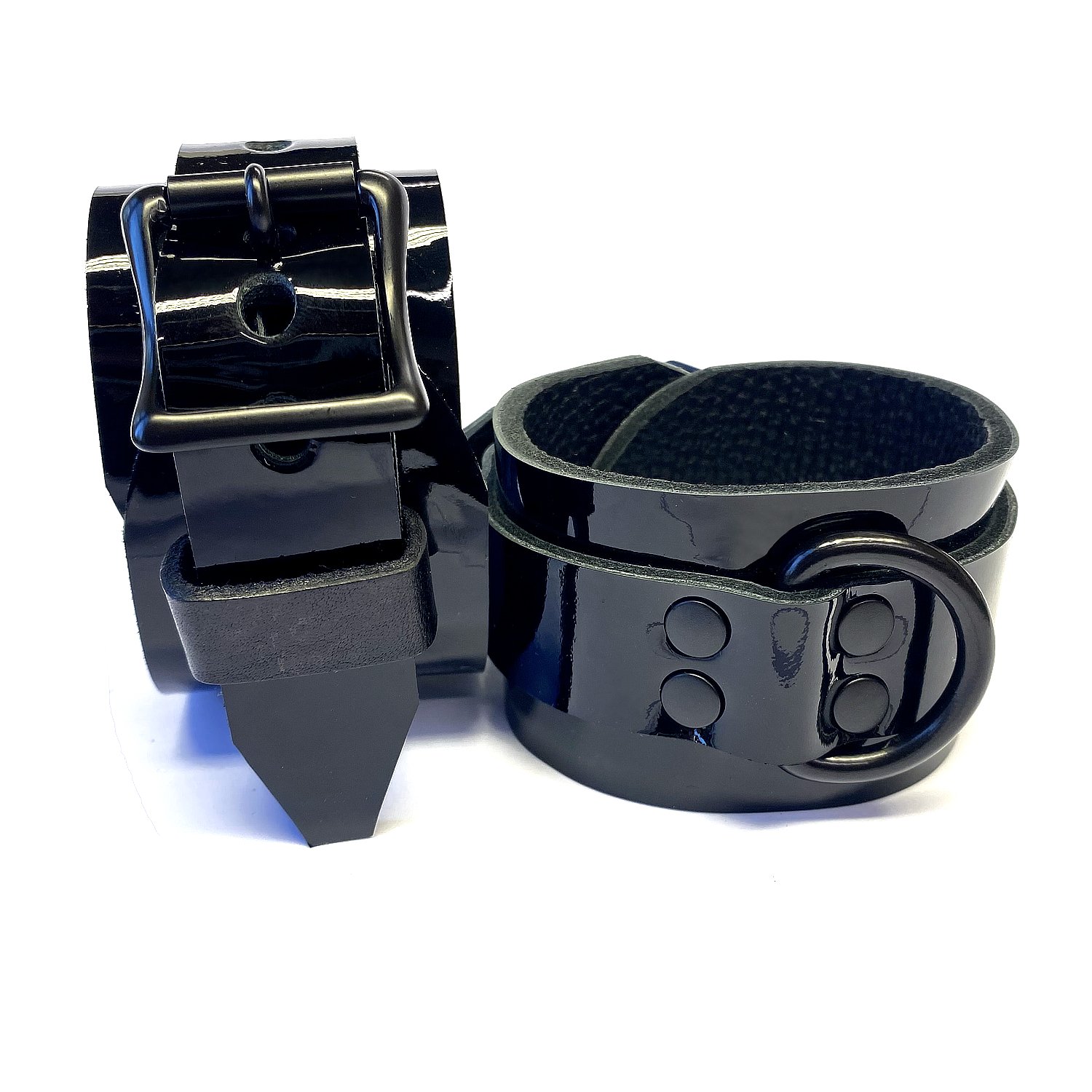2 Black Patent Leather BDSM Cuffs with Black D-rings