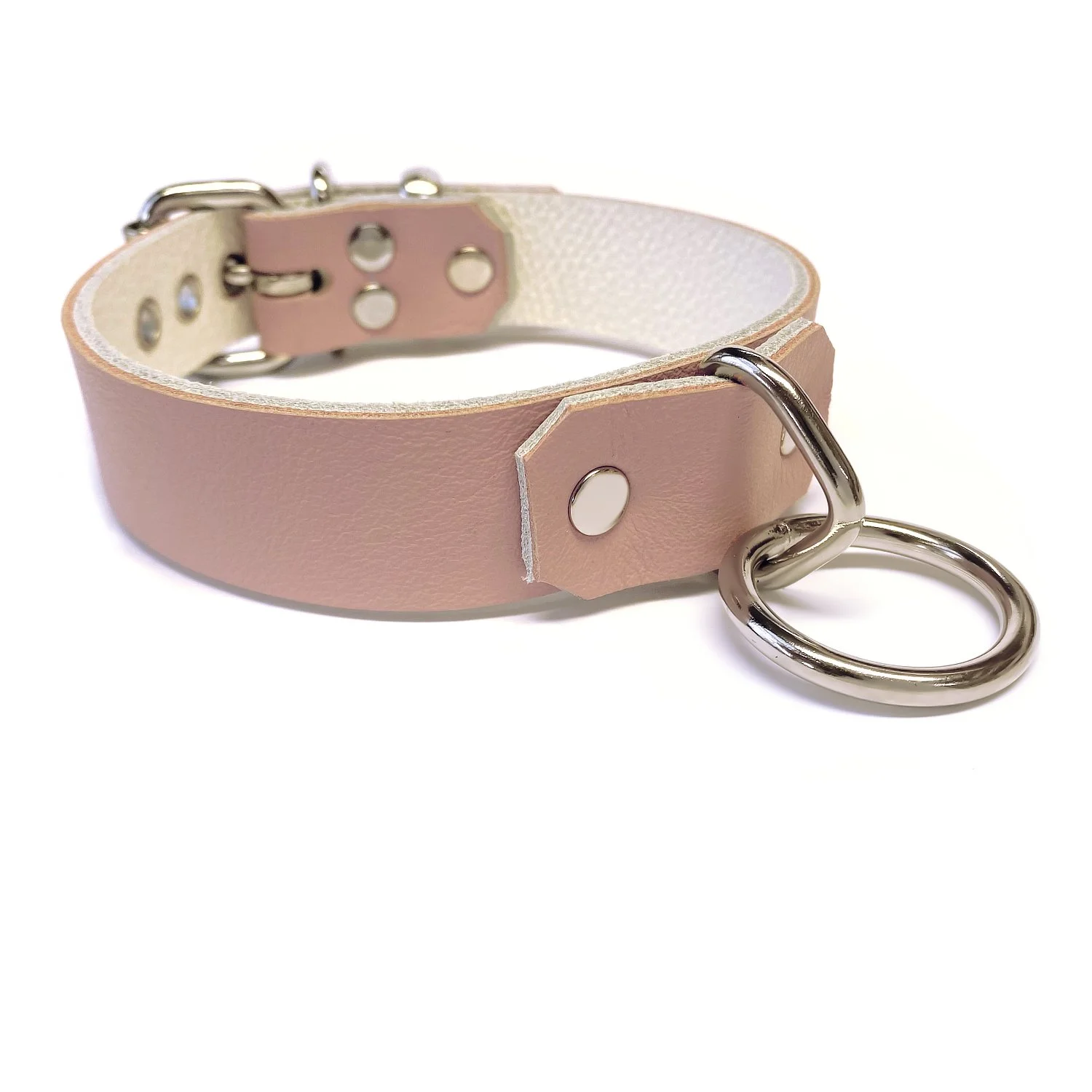Pink &amp; White Leather BDSM Collar with D&amp;O Bondage Ring