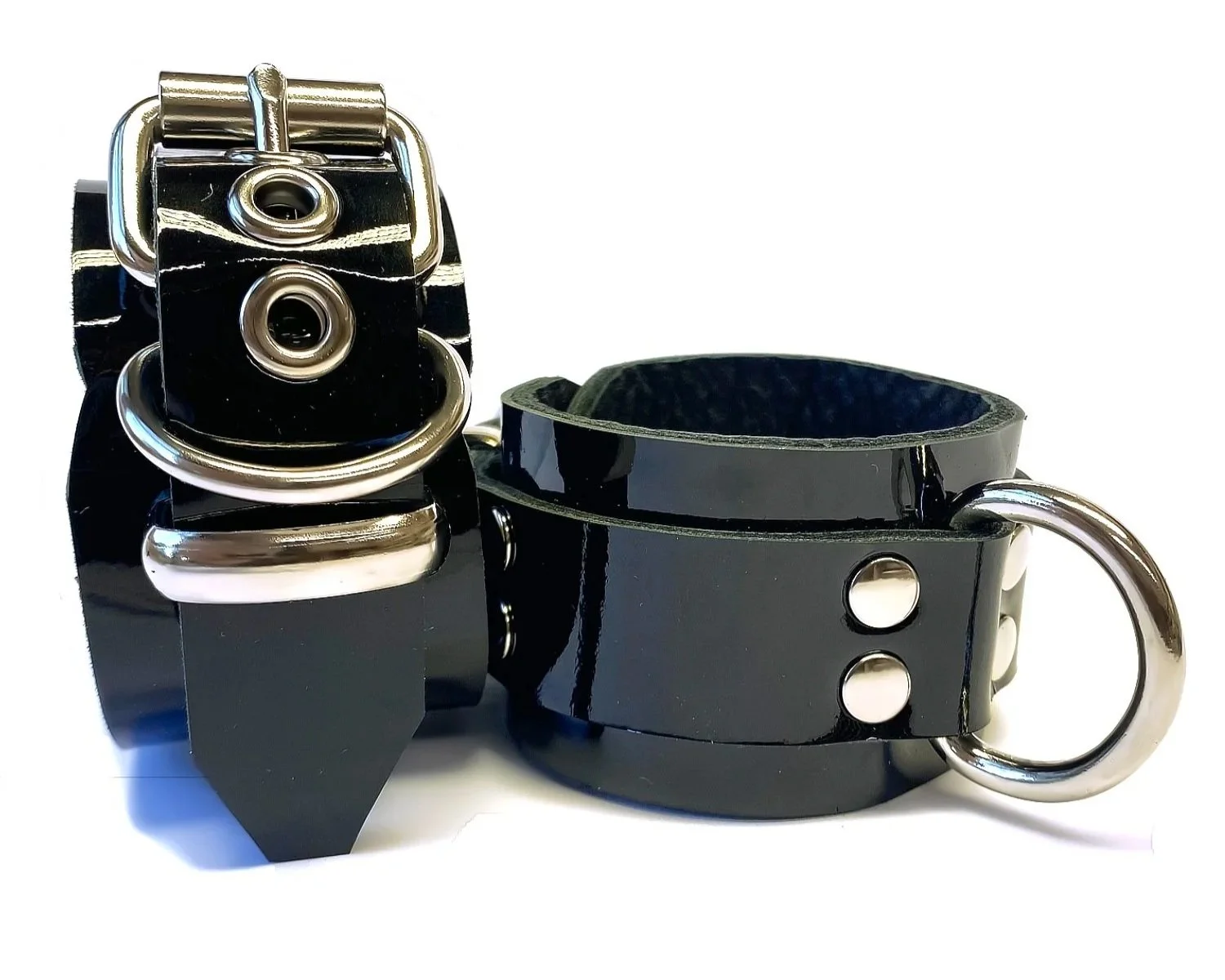 Black Patent Leather BDSM Cuffs with Dee Rings and double-stacked rivets