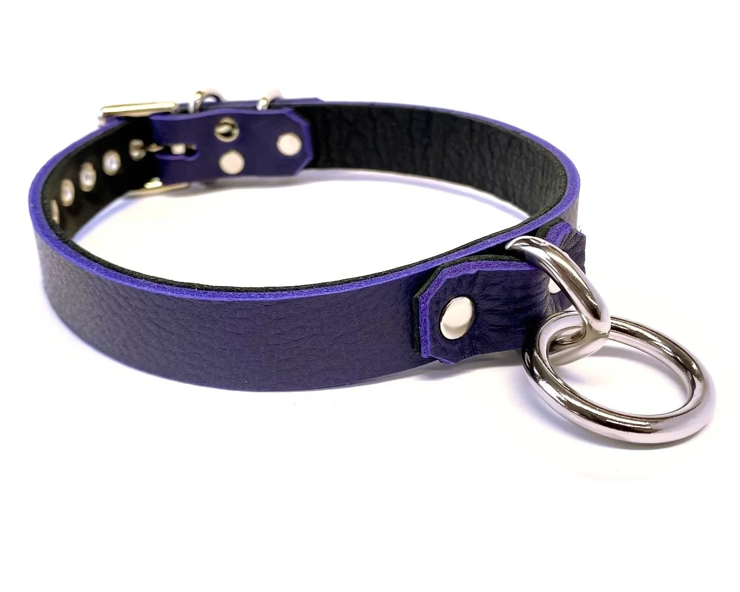Indigo Leather BDSM Collar with Bondage Ring