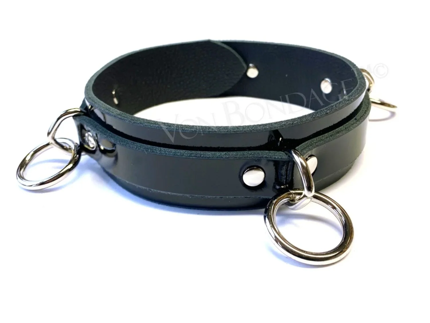 Black Patent Leather BDSM Collar with 3 Bondage Rings