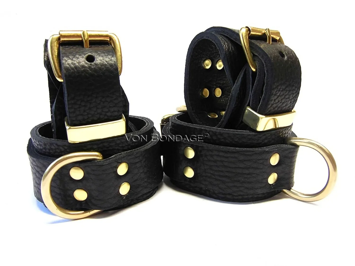 Black Bullhide & Bison Leather wrist ankle Restraints with Large brass Dee Rings