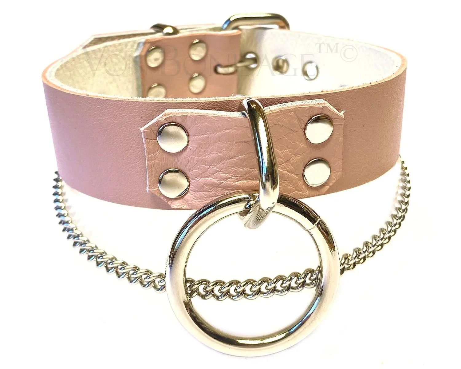 Pink & White Leather BDSM Collar with Large Bondage Ring and Chain