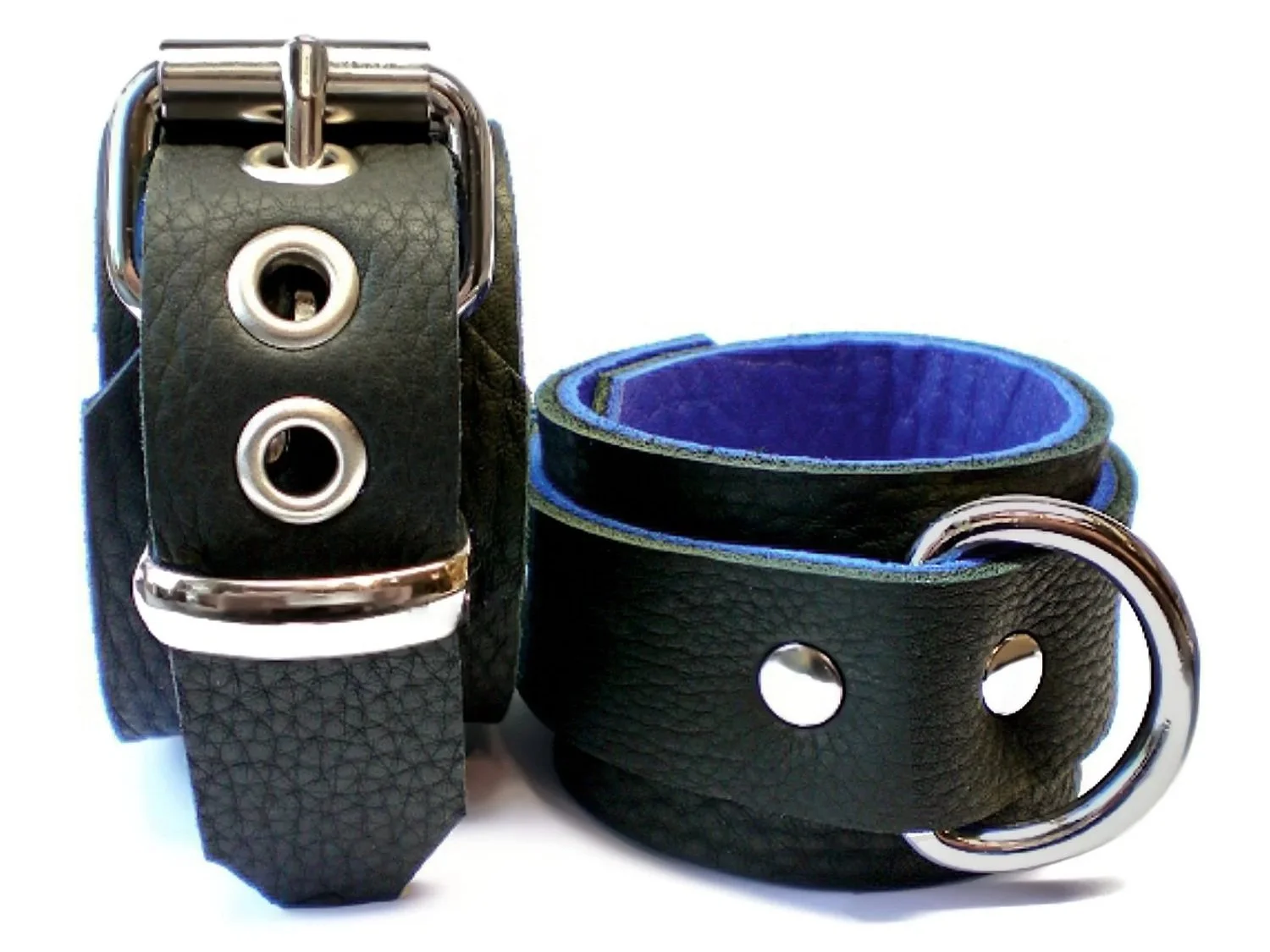 soft black leather bdsm cuffs lined in blue leather