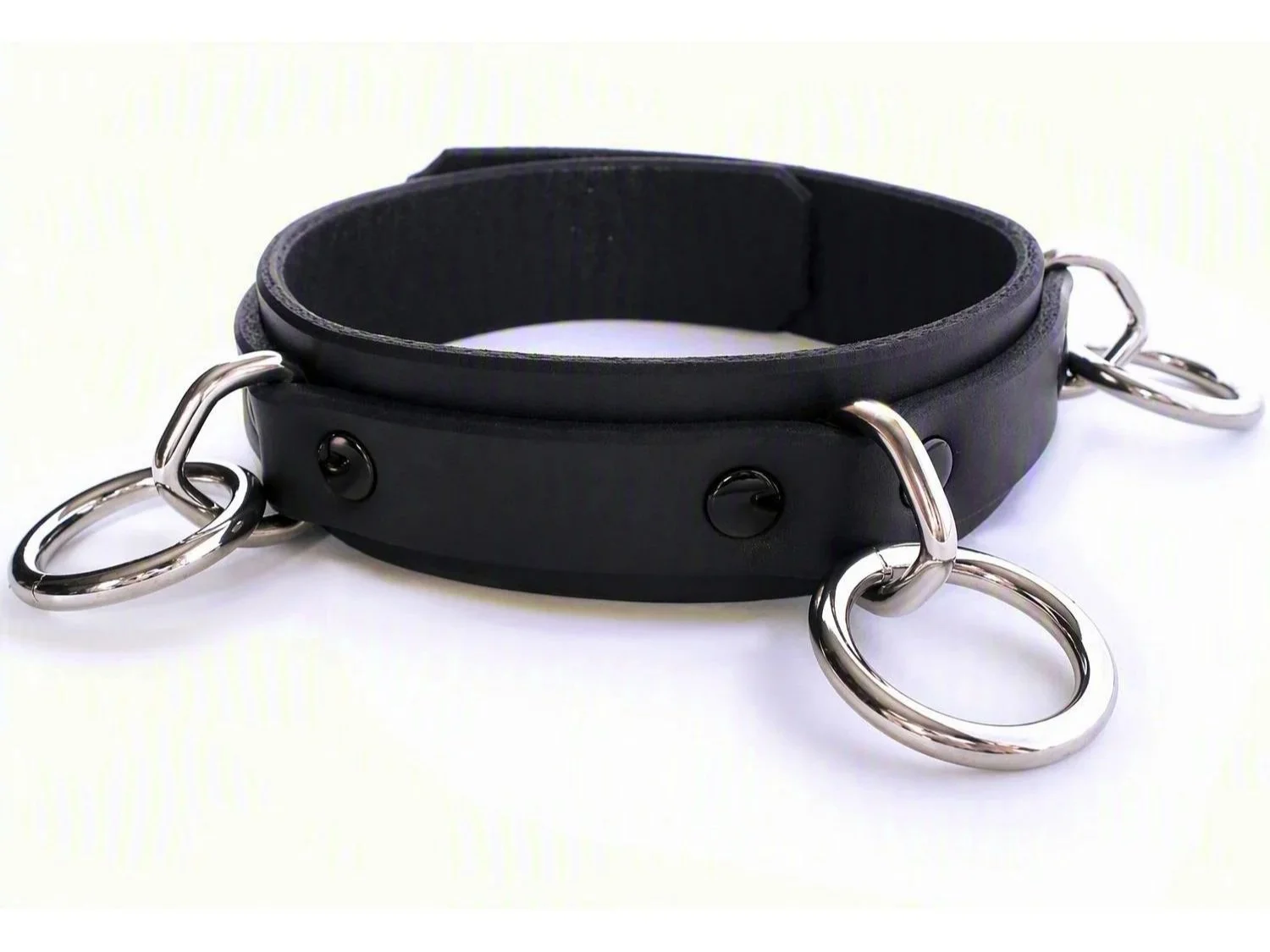 Black Latigo Leather BDSM Collar 3 Stainless Steel Bondage Rings black rivets