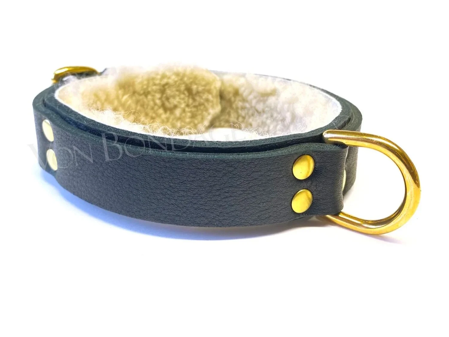 curly Sheepskin Leather BDSM play Collar with Brass D Ring