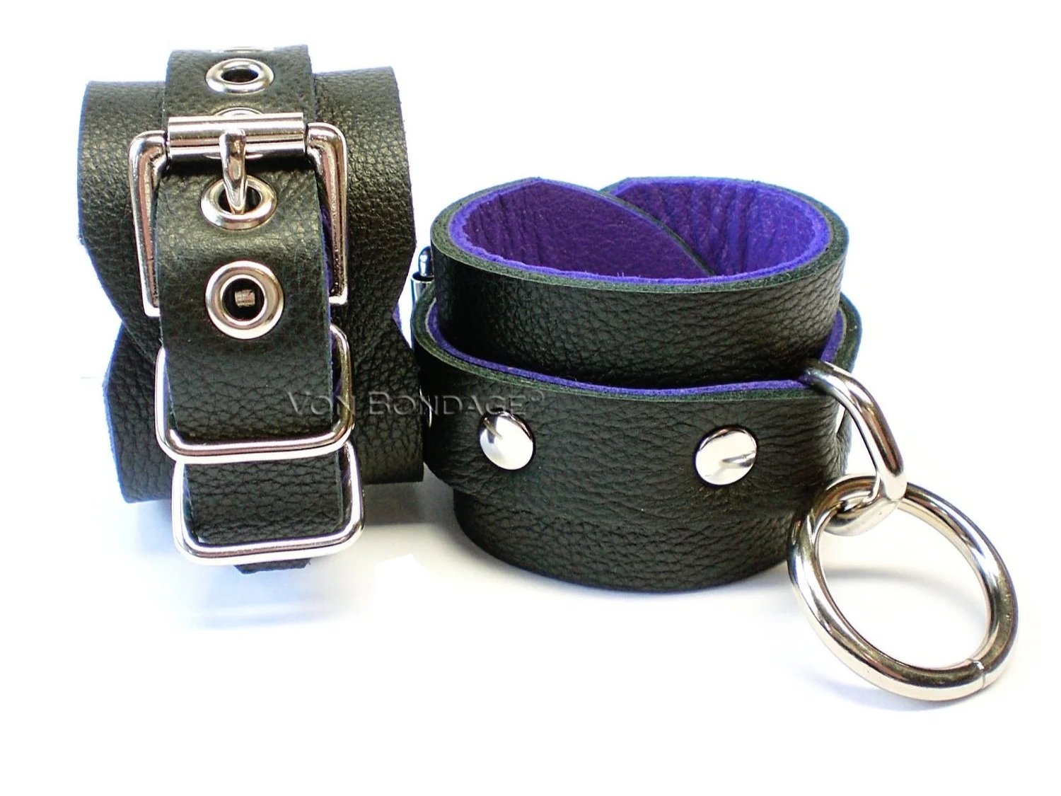 Pair of Black & Purple Leather Restraints with Bondage Rings