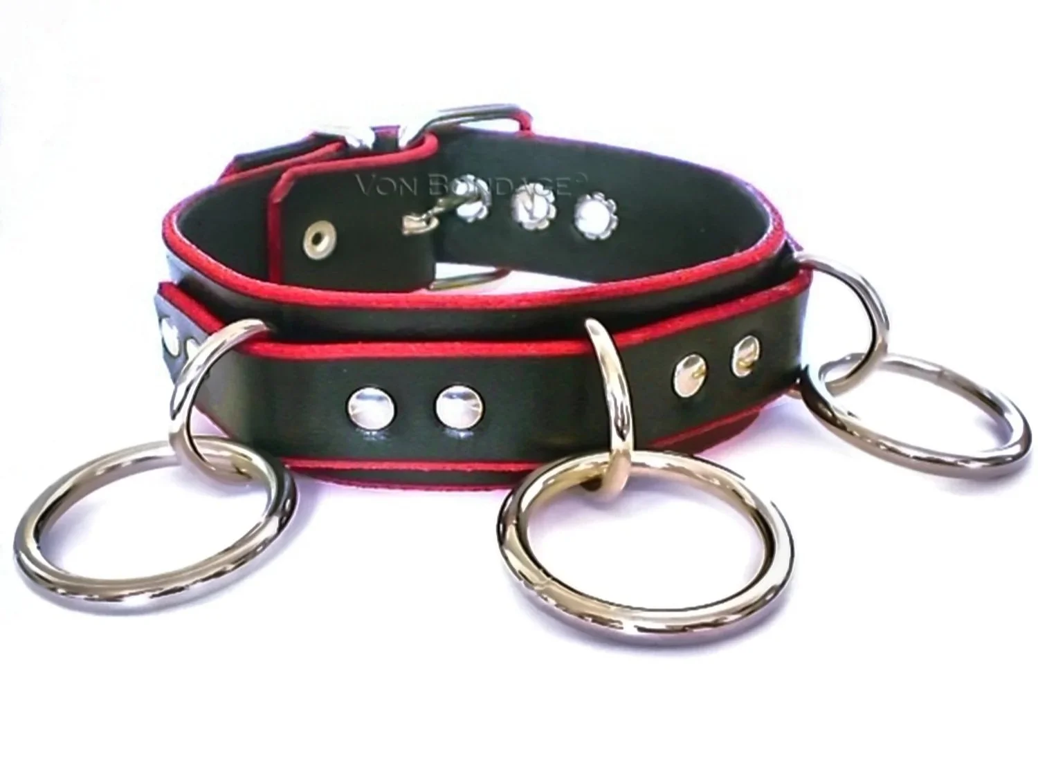 Black Leather BDSM Collar with 3 large O-rings in front with bright red edges