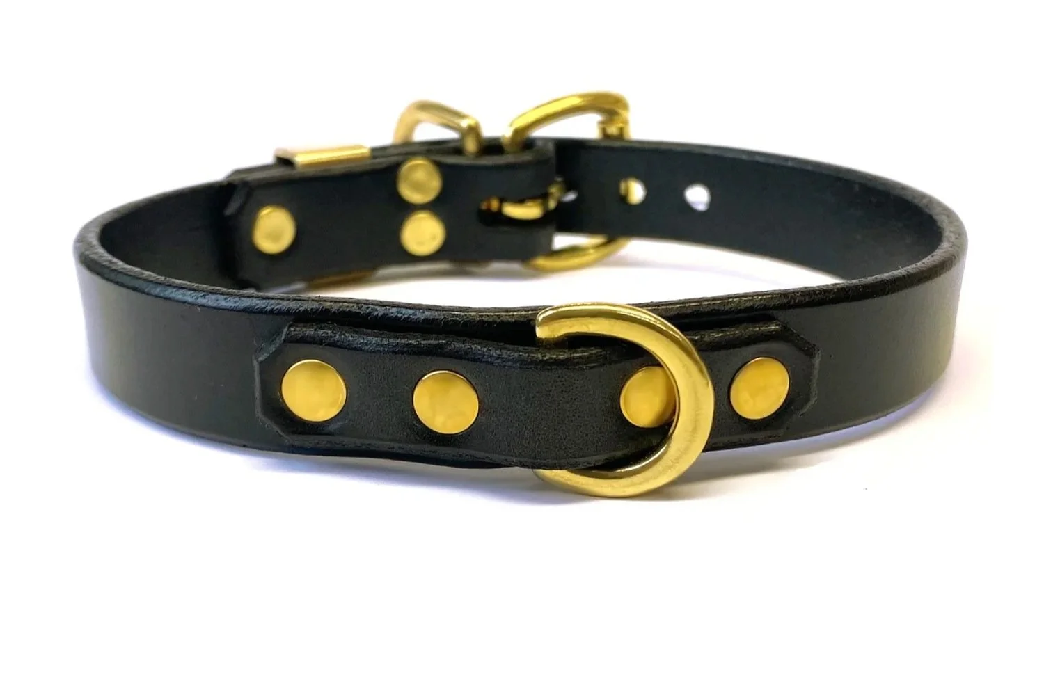 black leather bondage collar with small brass d-ring