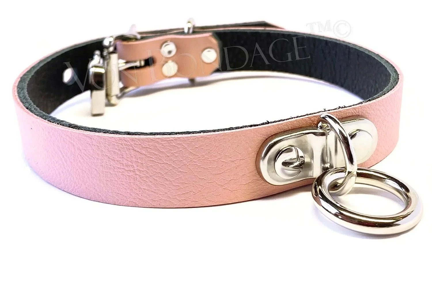 Pink Leather BDSM Collar with Plated Ring