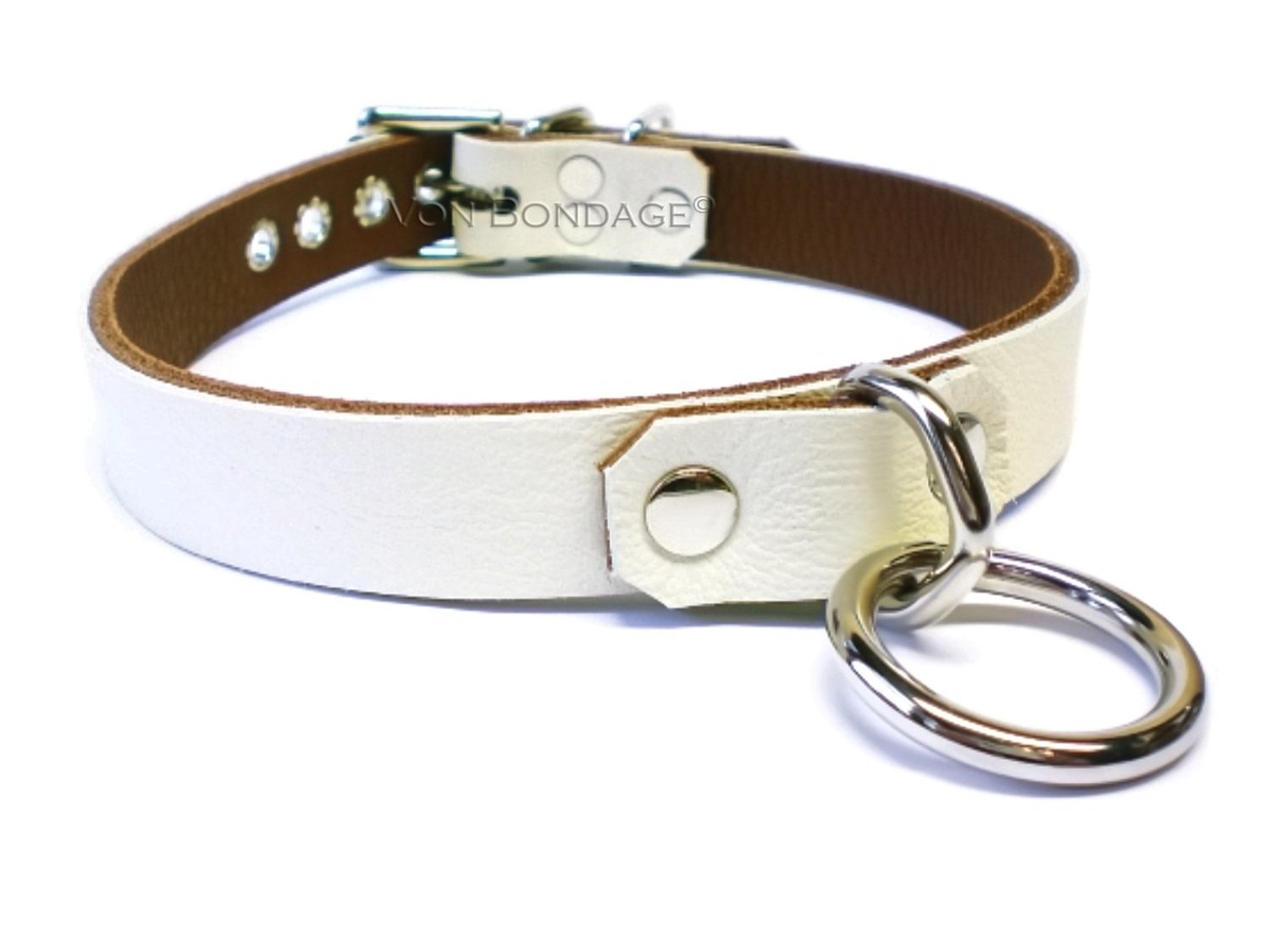 White Lockable Leather Collar with Bondage Ring