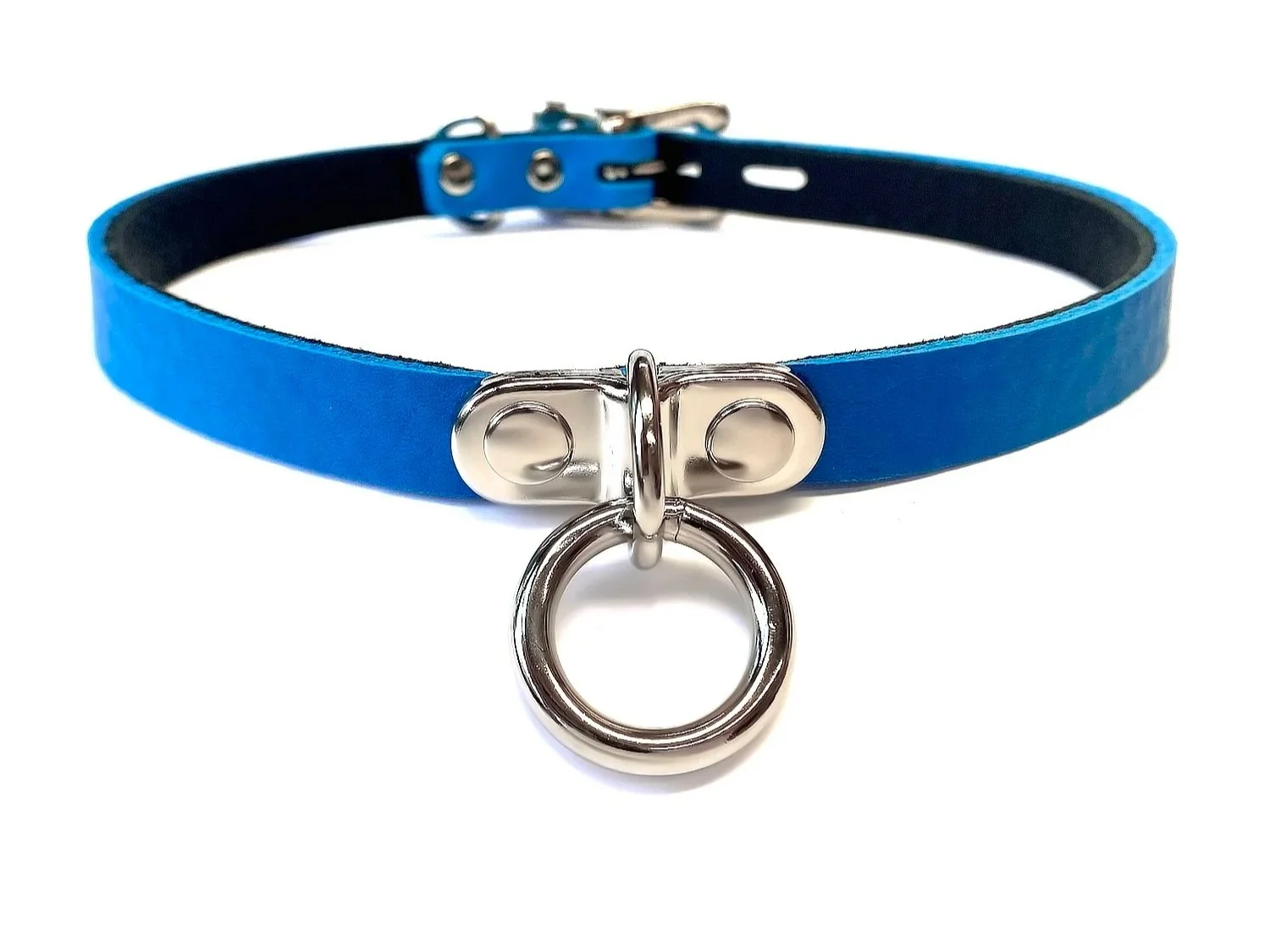 Leather Day Collar in French Blue with Plated Small Ring