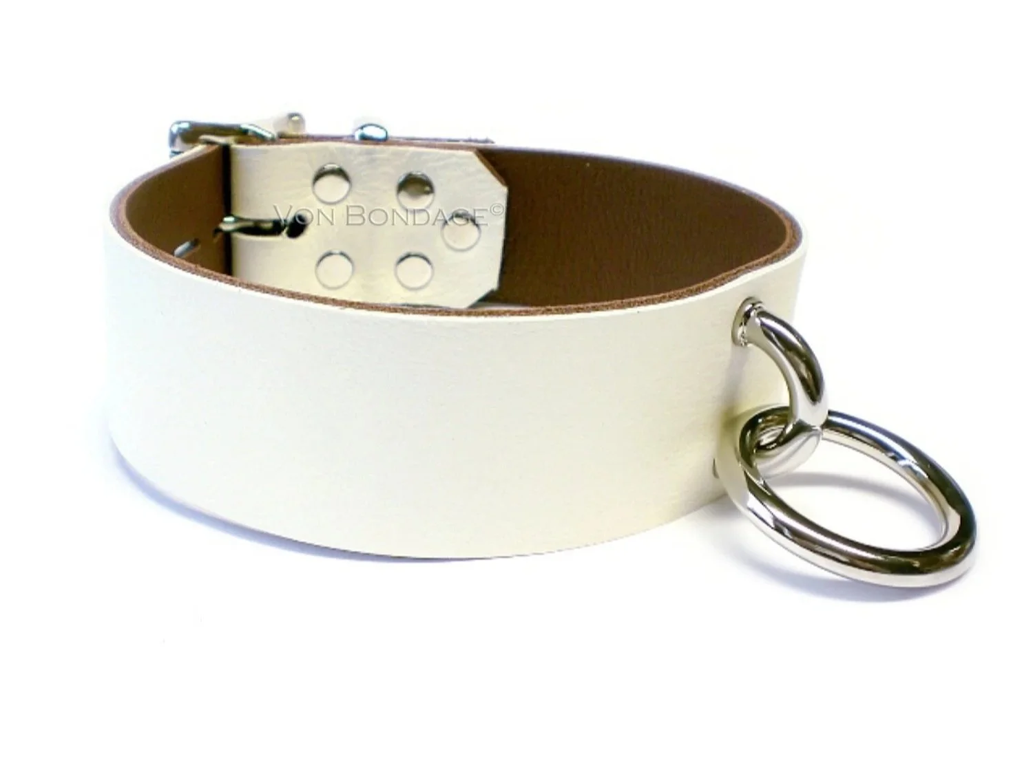 White Leather BDSM slave Collar with Handle Loop and Ring
