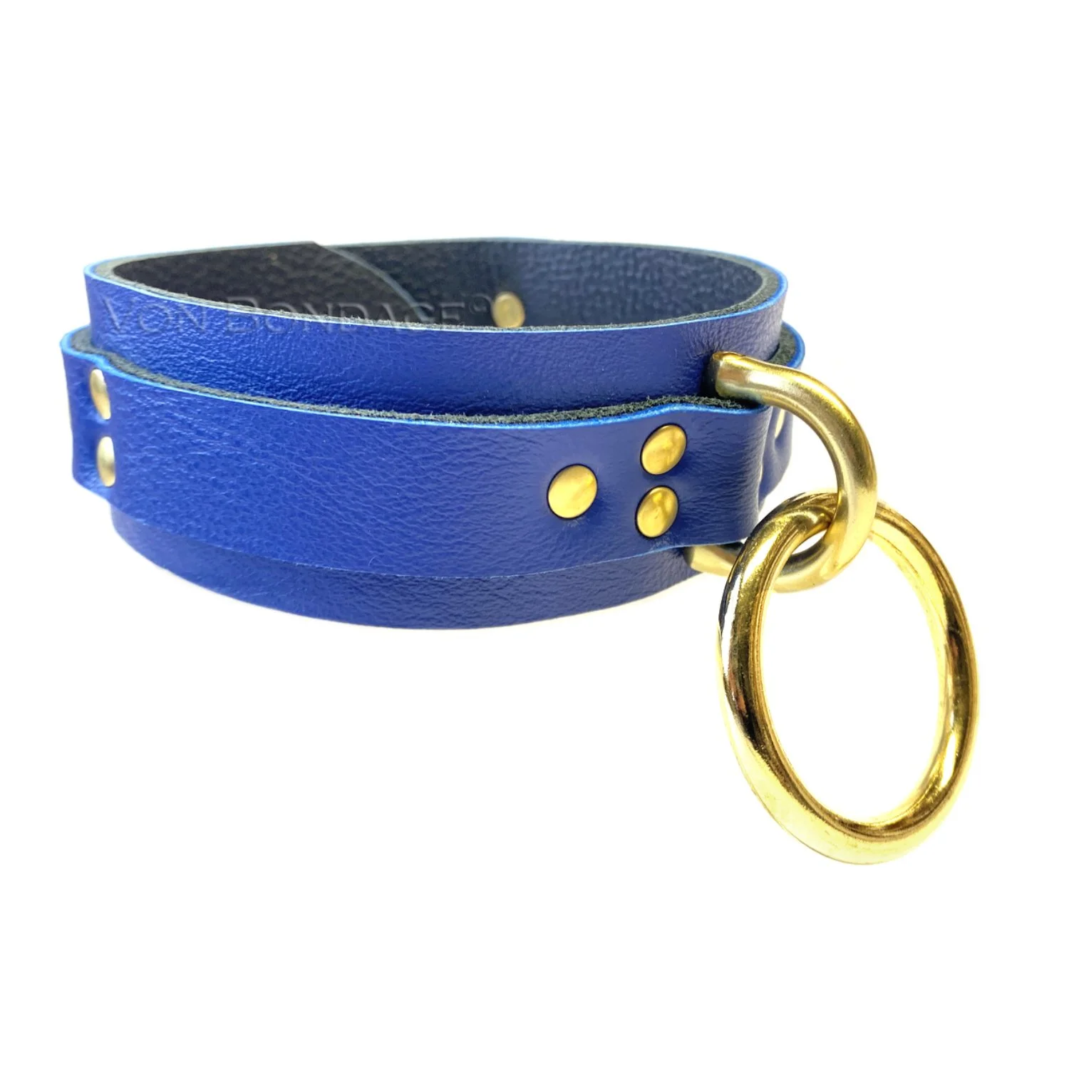 1.5 Blue Leather slave Collar with Brass Bondage Ring.jpg