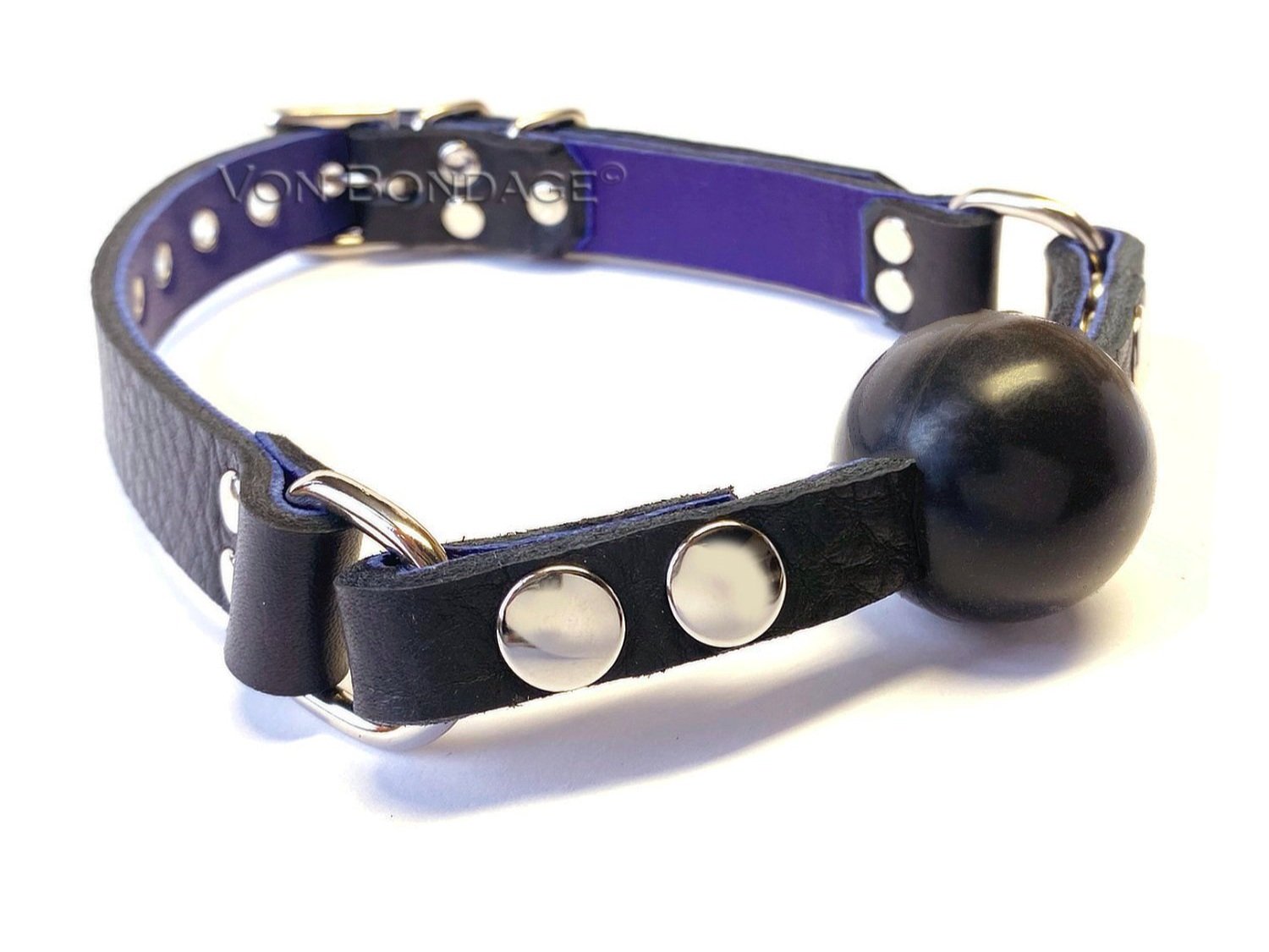 Lockable Leather Ball Gag lined in purple lambskin