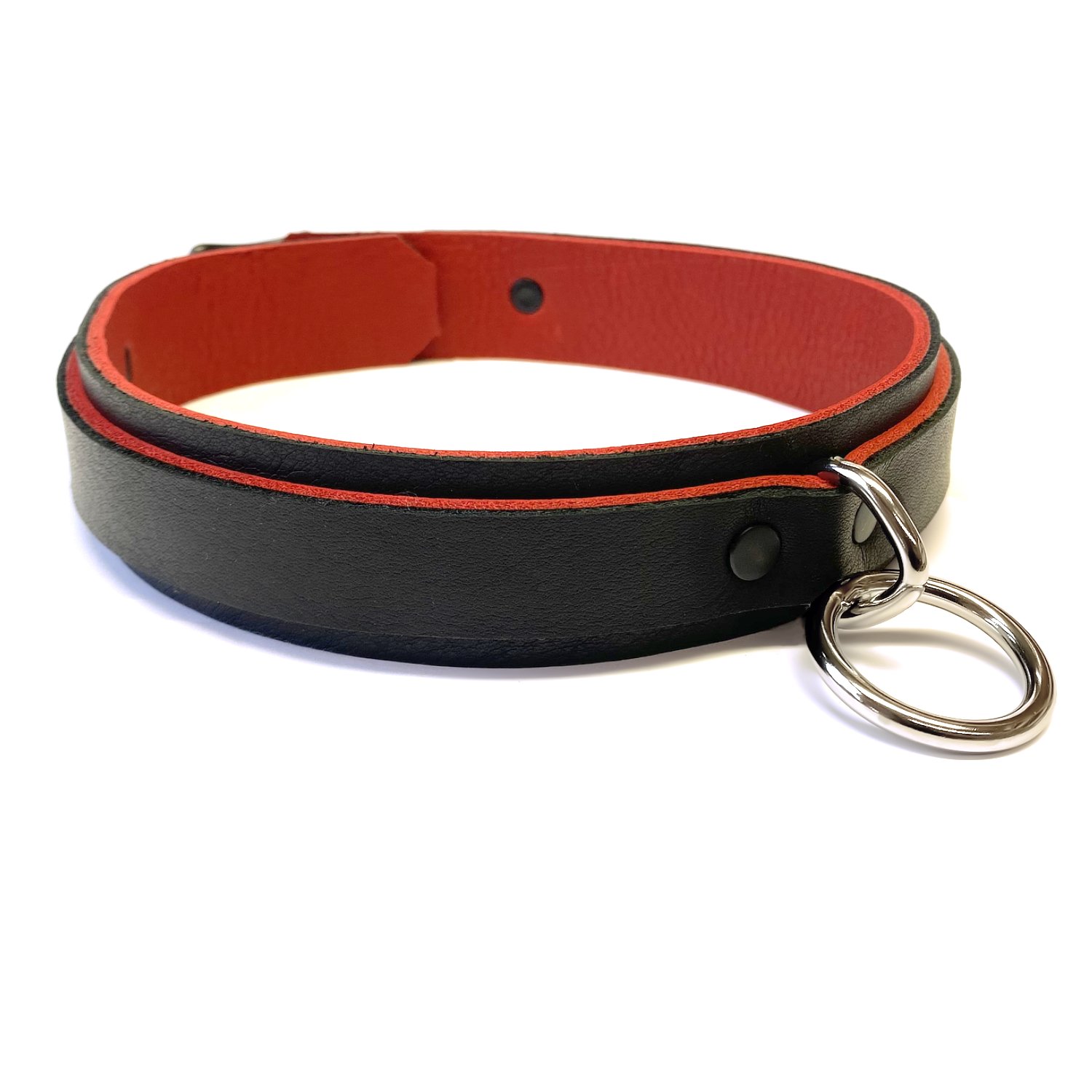 Black &amp; Red Leather slave collar with stainless steel bondage ring