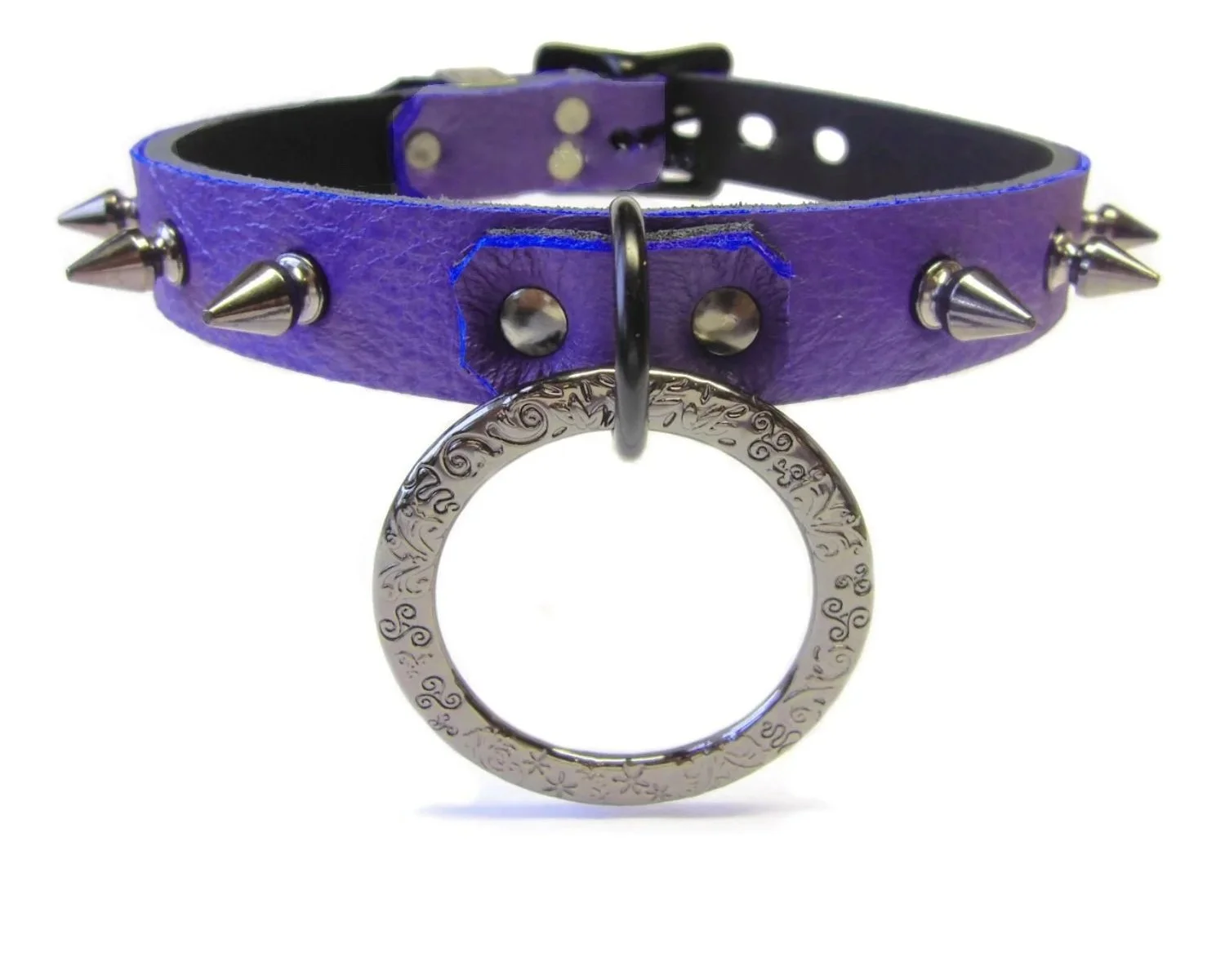 Purple Lockable collar with fancy engraved gunmetal ring and spikes