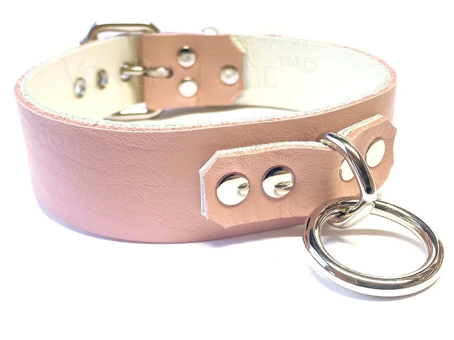 Pink & White Leather BDSM Collar with Bondage Ring