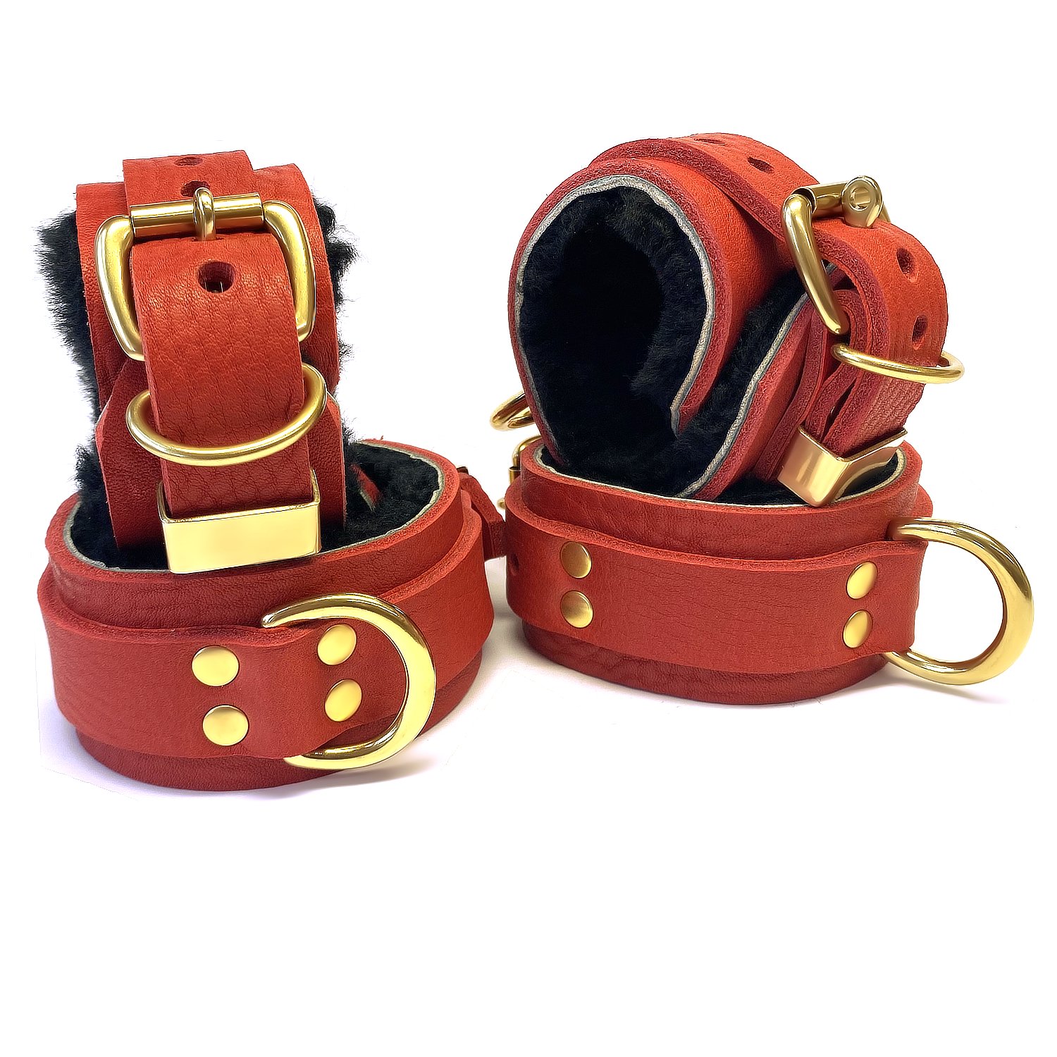 Red Wrist &amp; Ankle BDSM Restraints with solid brass hardware lined in Black Sheepskin fur
