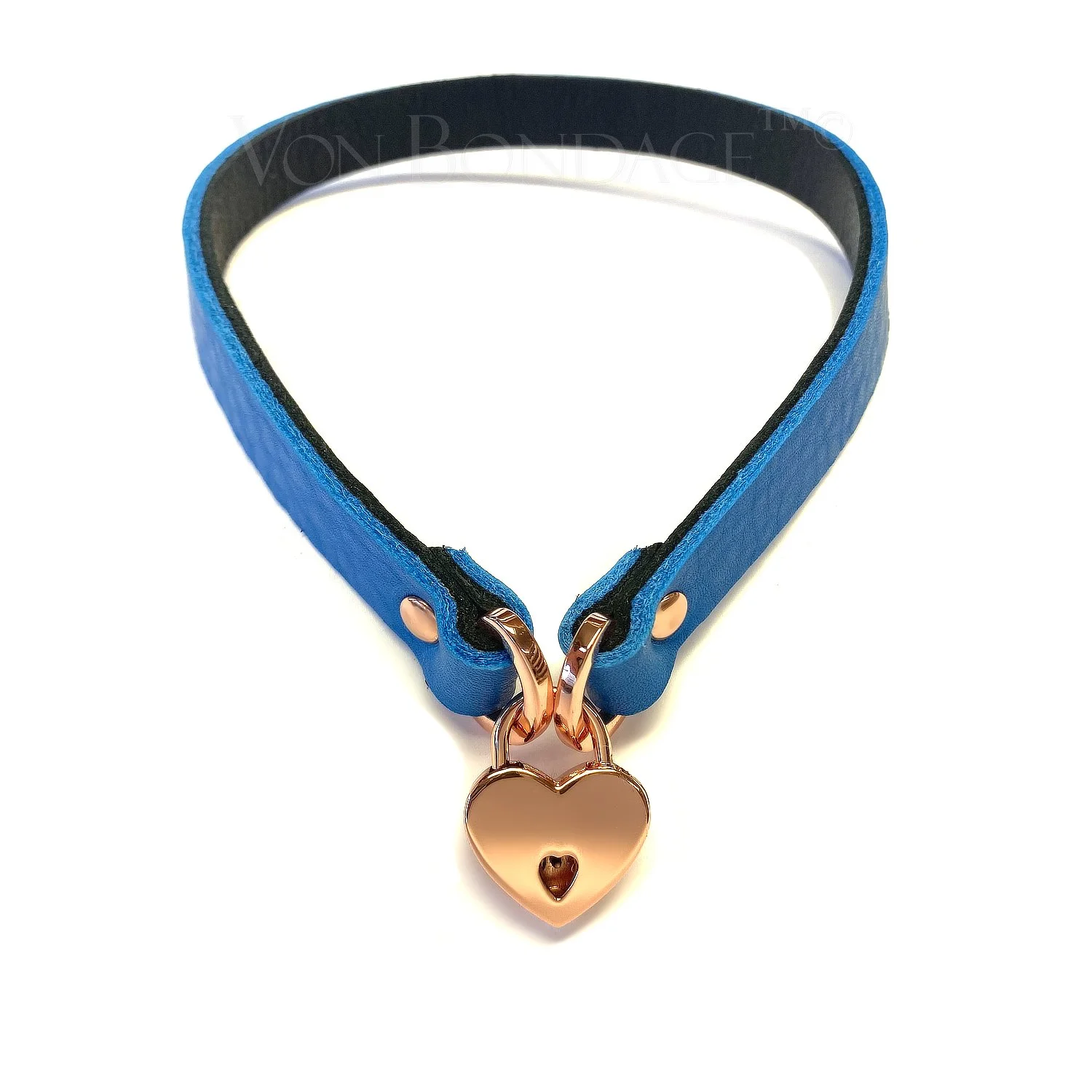 French Blue Leather slave choker with tiny copper heart padlock