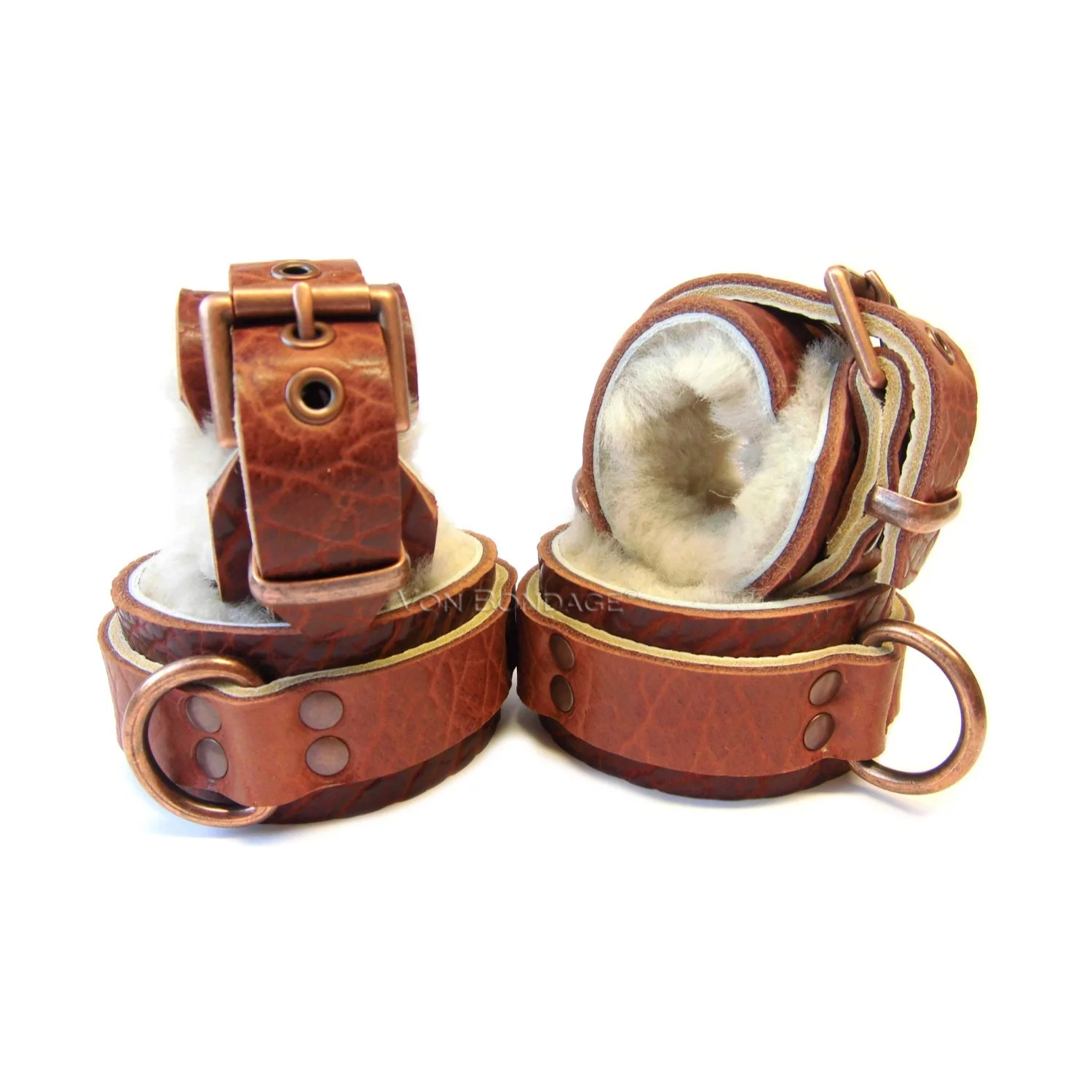 Brown Bison Leather Wrist &amp; Ankle Restraints BDSM Set lined in Cream Sheepskin Fur with Copper Hardware