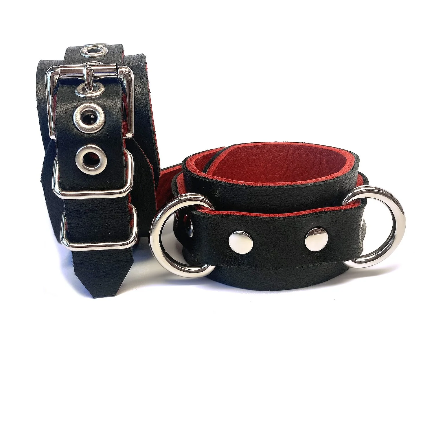 Pair of Black &amp; Red Leather BDSM Restraints with 2 D-rings per cuff