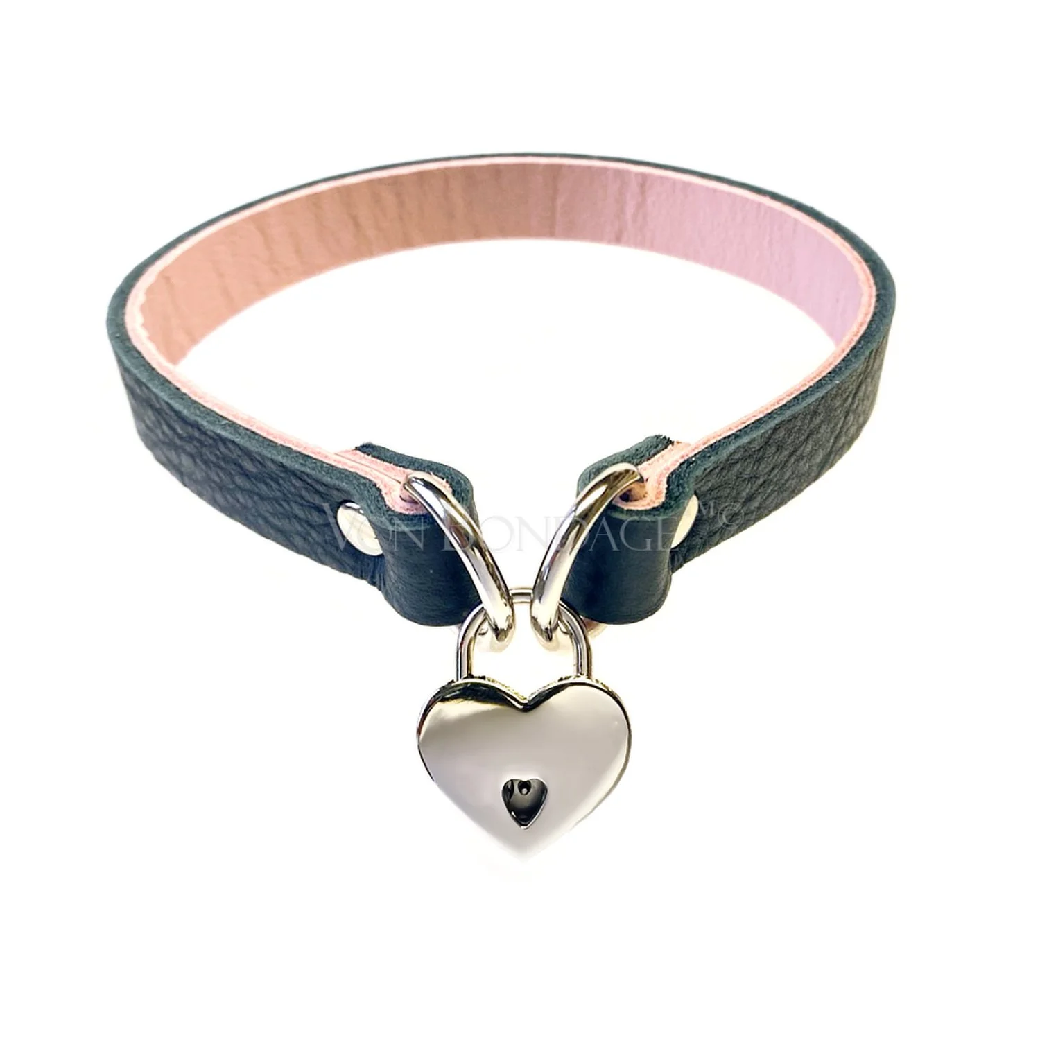 .5 Black & Pink Leather slave choker with small silver heart padlock.jpg