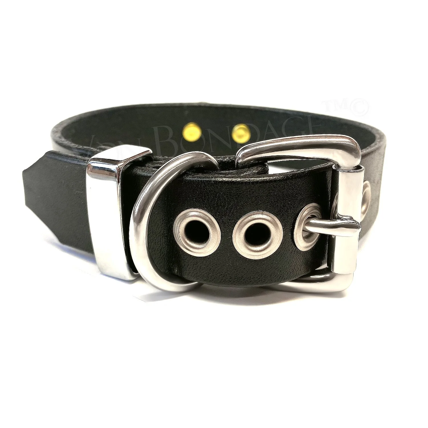 stainless steel buckle, d-ring and grommets on bondage collar