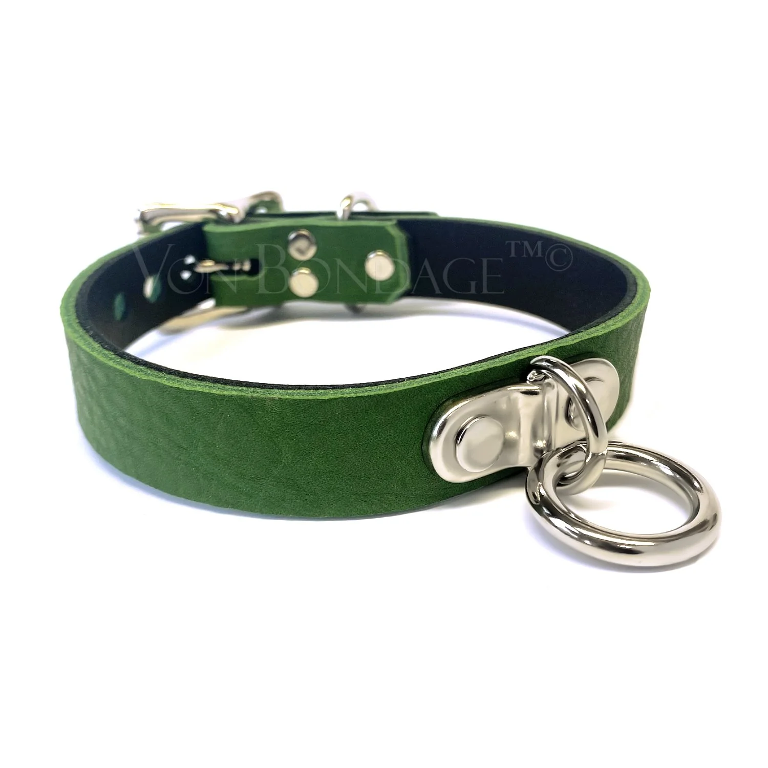 Leather BDSM Collar in Green Leather with Plated Ring