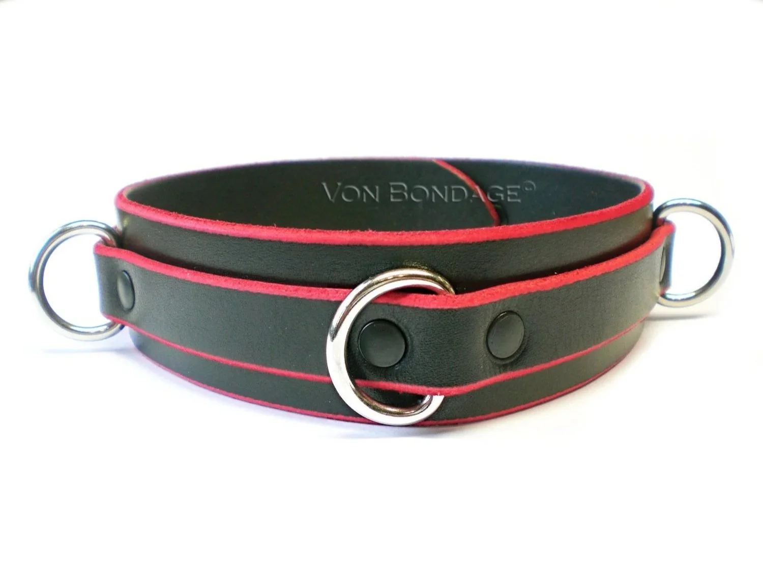 Red-Trim Leather slave collar with 3 stainless steel dee rings