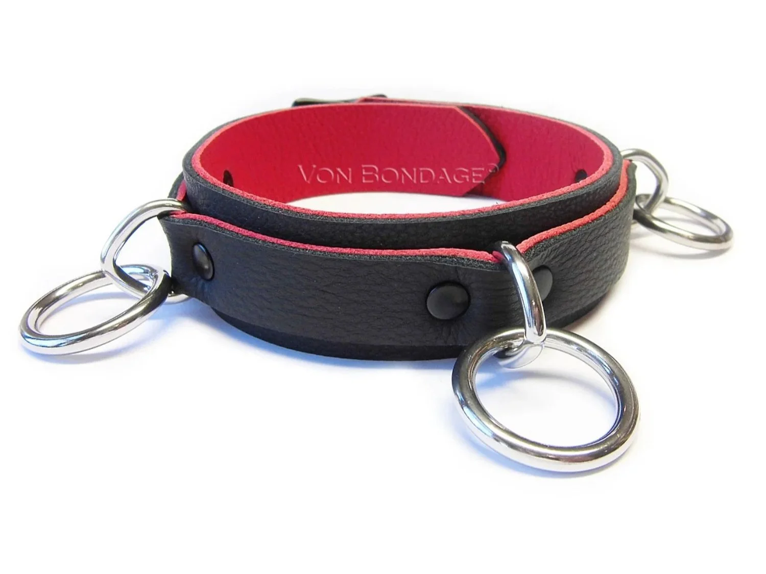 Black & Red Leather slave collar with triple stainless steel bondage rings